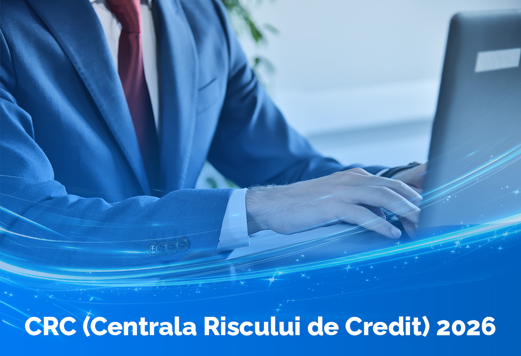Bărbat în costum tastând pe laptop, imagine de copertă pentru articol despre CRC – Centrala Riscului de Credit 2026 IFN Credite.