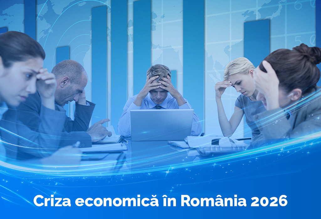 Echipă de profesioniști îngrijorați analizând date economice, imagine de copertă pentru articol despre criza economică în România 2026 – deficit, cauze și soluții financiare IFN Credite.