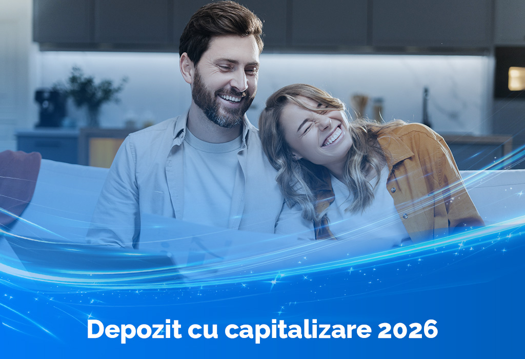 Cuplu zâmbitor relaxându-se acasă, imagine de copertă pentru articol despre depozit cu capitalizare 2026 – economii inteligente și avantajoase IFN Credite.