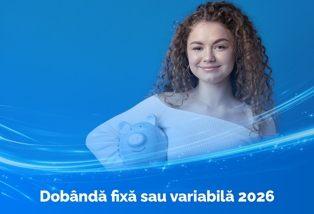 Femeie zâmbitoare pe fundal albastru, imagine de copertă pentru articol despre dobânda fixă sau variabilă 2026 – diferențe, avantaje și alegerea corectă IFN Credite.